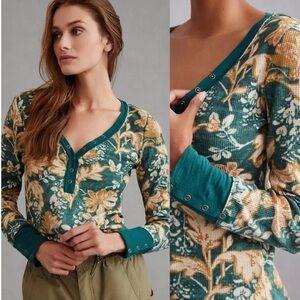 ANTHROPOLOGIE Pilcro waffle thermal floral Henley long sleeve top